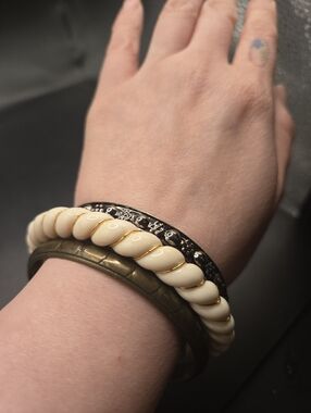 Vintage Bangle Set Cream Twist Gold Tone + Bronze Stack Bracelets Minimal Boho